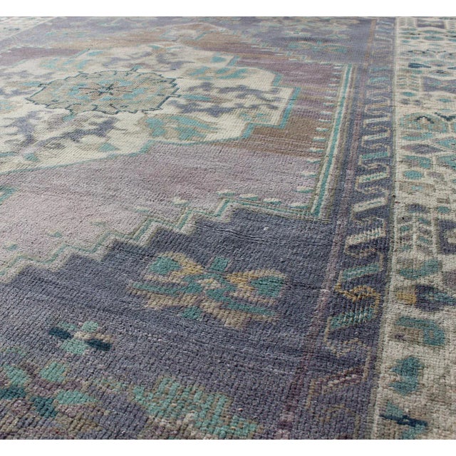Mid 20th Century Purple and Teal Vintage Turkish Oushak Rug With Floral Layered Medallion Design For Sale - Image 5 of 7