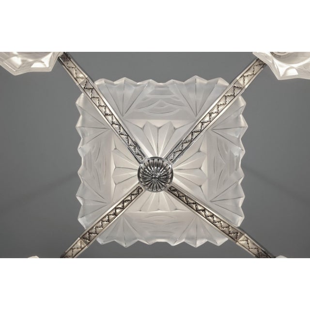 Degue French Art Deco Chandelier 1930s - Square Geometric Frosted Glass For Sale - Image 9 of 10