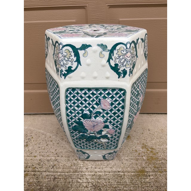 Late 20th Century Chinoiserie Floral Green and Pink Porcelain Garden Stool or Side Table For Sale - Image 4 of 9