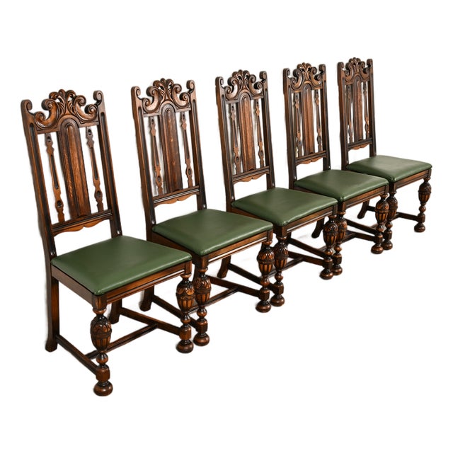 Berkey & Gay Antique English Jacobean Carved Walnut Dining Chairs, Set of Five For Sale