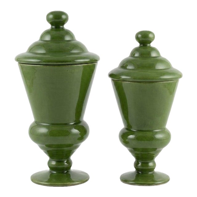 Pair of Vintage Olive Green Glazed Ceramic Covered Urns - Graduated Sizes For Sale
