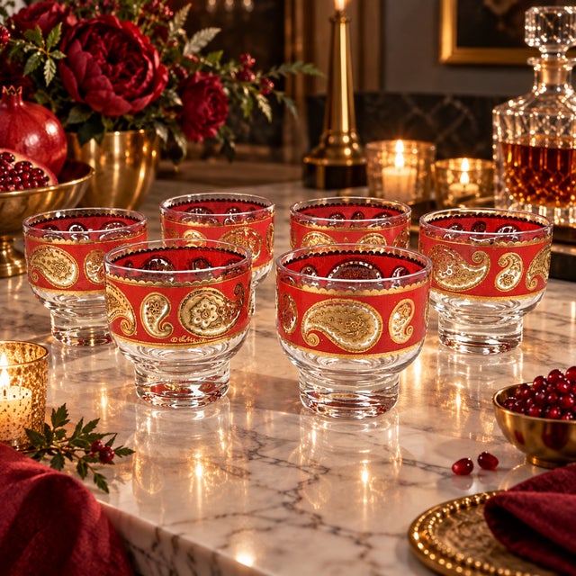 Superb Culver Red Paisley 22k Gold Glassware Set of 6 Mid Century 1960s For Sale In Dallas - Image 6 of 10