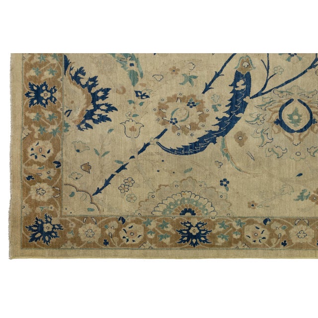 Beige Vintage Tabriz Style Wool Area Rug – Neutral Persian Design With Indigo Accents For Sale - Image 8 of 11