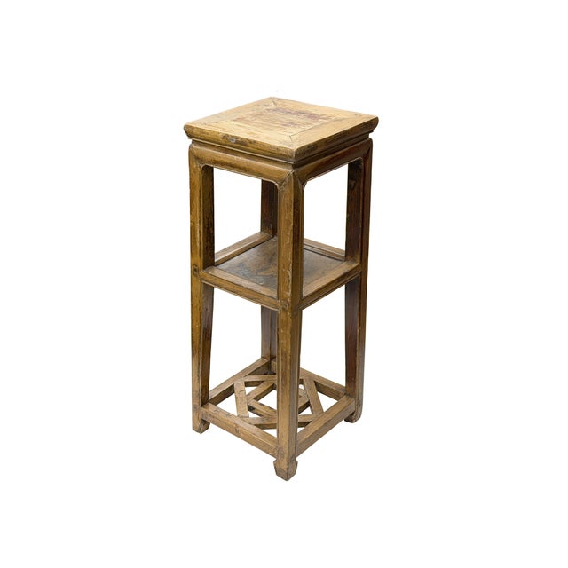 Asian Vintage Patina Square Slim Wood Pedestal Display Stand Side Table For Sale - Image 3 of 9