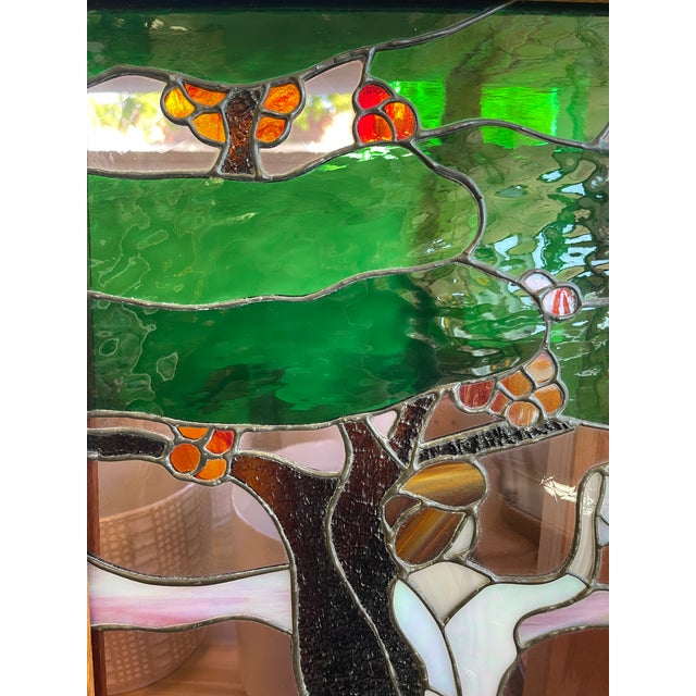 Vintage Stained Glass Art Panel Depicting Woman in Flowing White Dress Beneath Tree With Fruit, Framed in Wooden Oak Toned Frame For Sale - Image 10 of 10