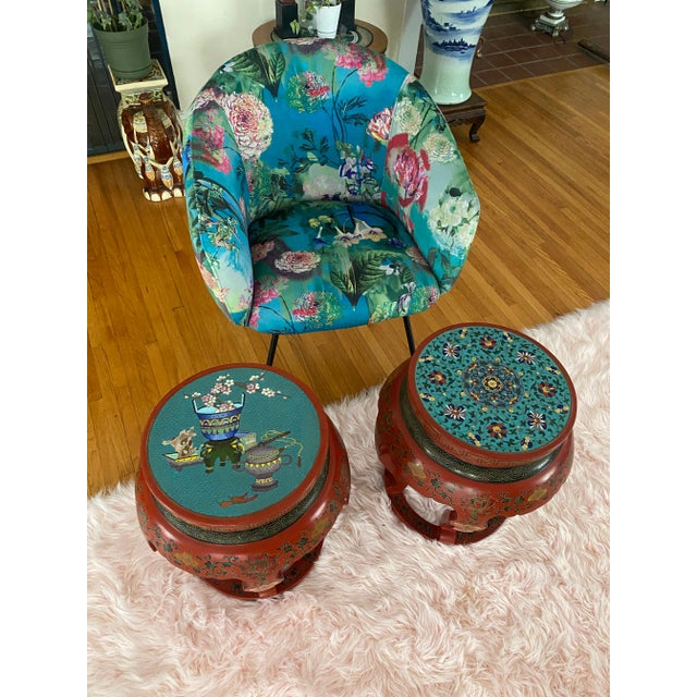 Metal Cloisonné Stool or Plant Stands - Hand Painted, a Pair For Sale - Image 7 of 13