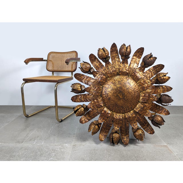 Mid-Century Modern Large Mid-Century Gilt Metal Sunburst Ceiling Lamp with Floral Motif, 1950s For Sale - Image 3 of 14