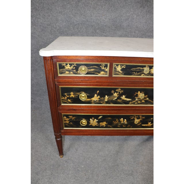 1940s Signed Maison Jansen Brass Mounted Chinoiserie Marble Top Louis XVI Commode For Sale - Image 13 of 14