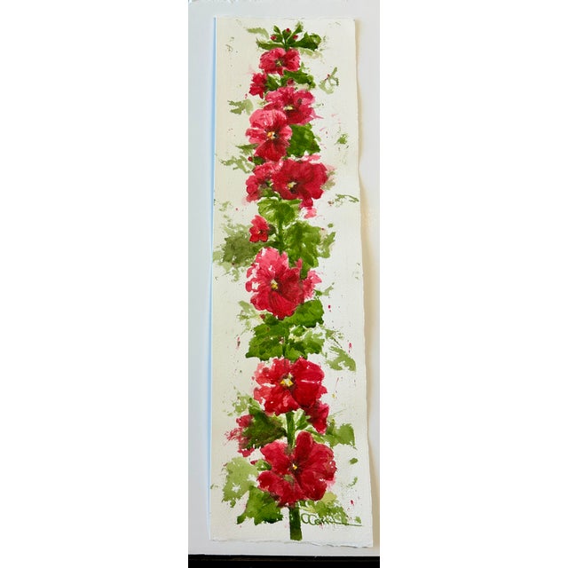 Original Watercolor Tall Painting “Hollyhocks” Framed For Sale - Image 11 of 12