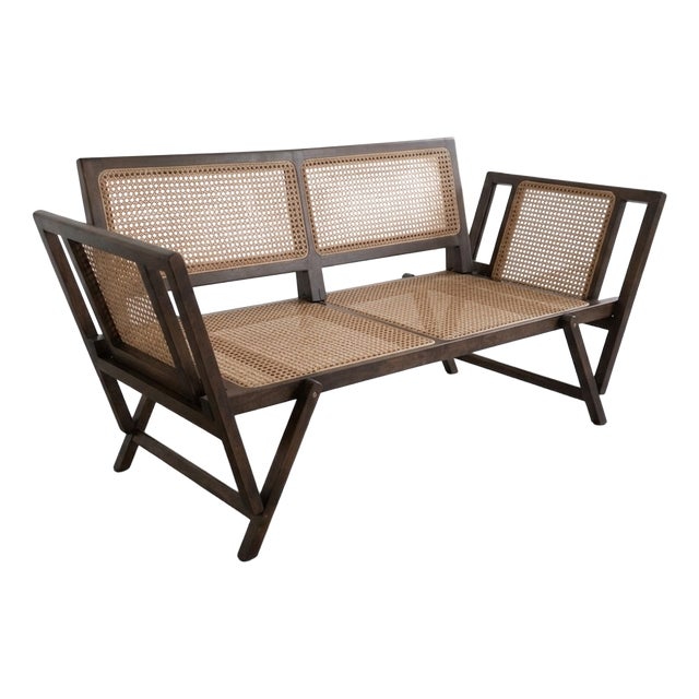 Vintage Sofa in Teak and Vienna Straw by Pierre Jeanneret, 1956 For Sale