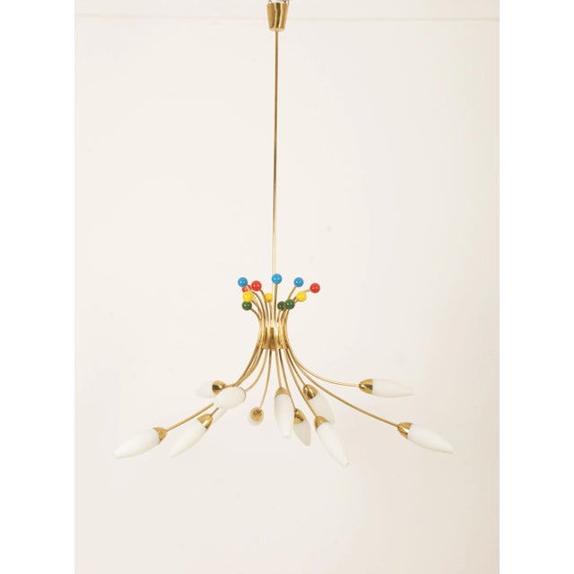 Gold Mid-Century Brass Opaline Glass Chandelier by Rupert Nikoll, 1955 For Sale - Image 8 of 14