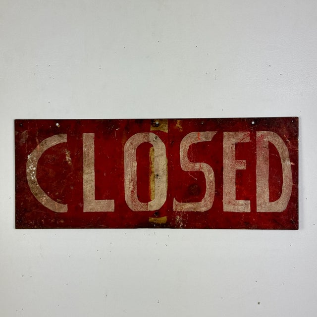 American Vintage Large Hand Made Double Sided "Open/Closed" Metal Sign in Firetruck Red For Sale - Image 3 of 9