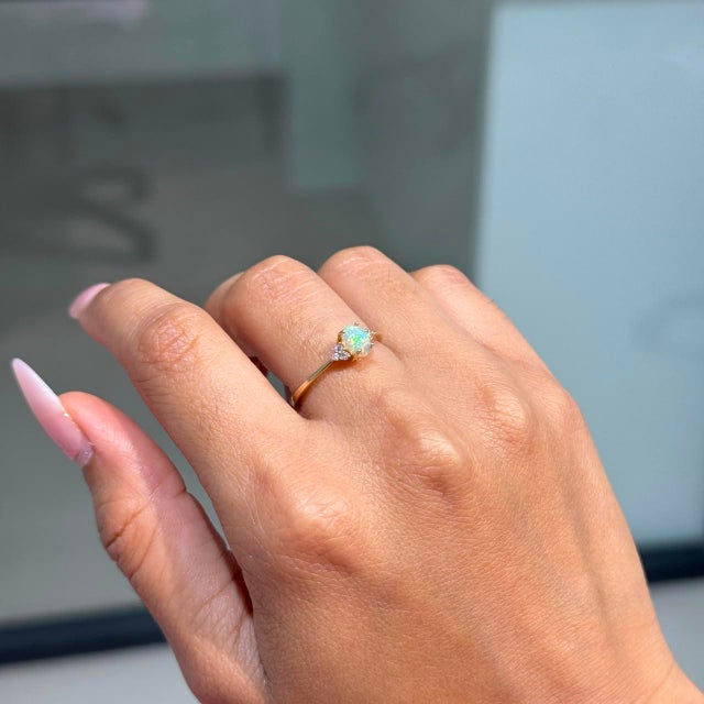 Not Yet Made - Made To Order Natural Oval Cabochon Opal Ring With Trio Diamonds in 14k Yellow Gold Size 7 For Sale - Image 5 of 16