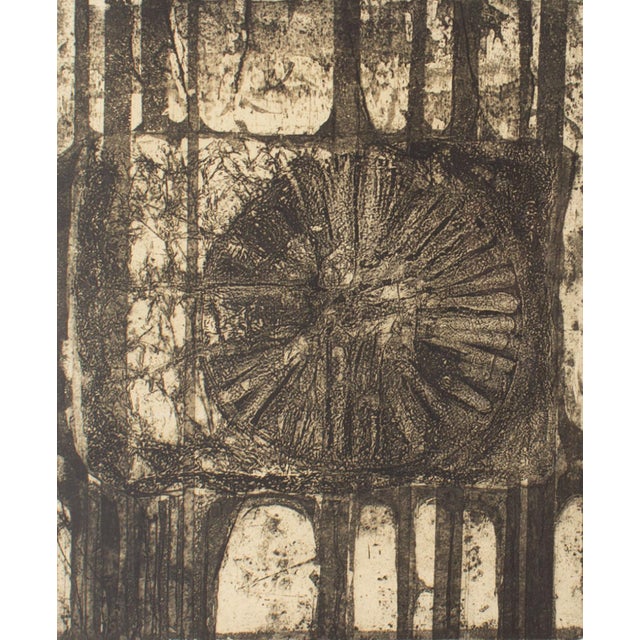 An aquatint print by the Canadian artist Edward John Bartram (1938-2019). Titled "Temple," this print depicts a round...