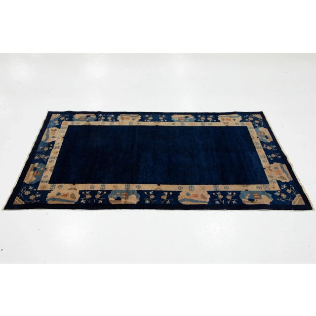 Chinese Early 20th Century Designed Antique Peking Chinese Wool Rug in Navy Blue For Sale - Image 3 of 9