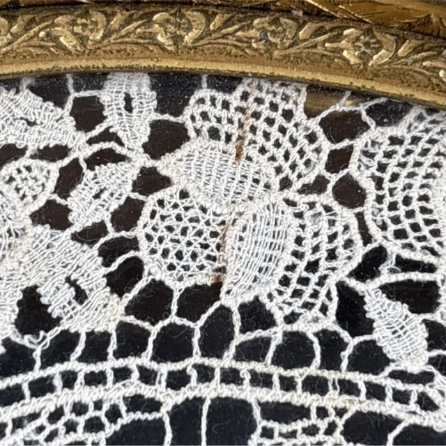 Antique Apollo Silver Co. Gilt Brass Vanity Tray With Lace Under Glass For Sale - Image 12 of 13