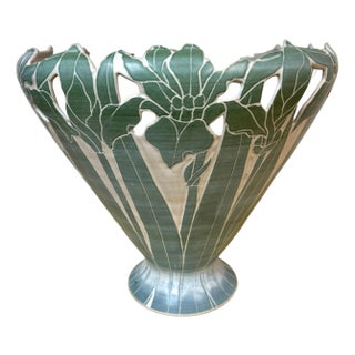 Large American Studio Pottery Iris Motif Vase, Style of Newcomb College, Signed For Sale