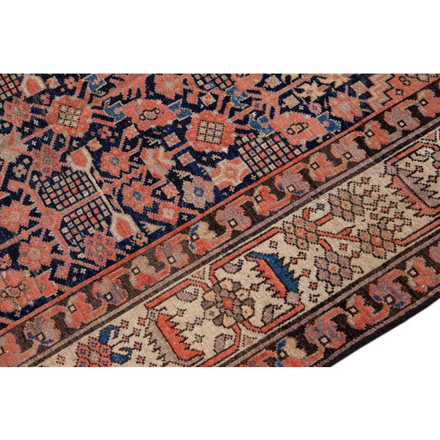 Antique Malayer Handmade Allover Motif Blue and Rust Wool Runner For Sale - Image 4 of 9