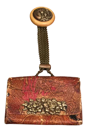 Late 19th Century Elaborate Meiji Period Embossed Leather and Silver Tobacco Pouch