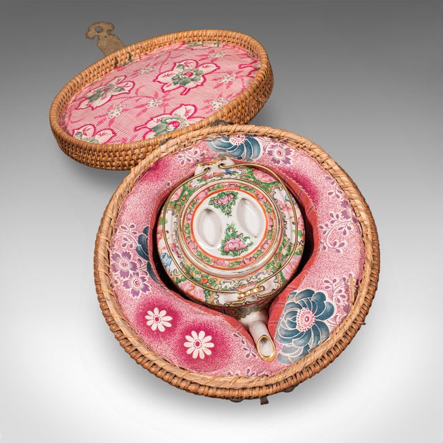 Antique Famille Rose Teapot, Oriental, Ceramic Chá Pot, Wicker Case, Circa 1920 For Sale - Image 10 of 12