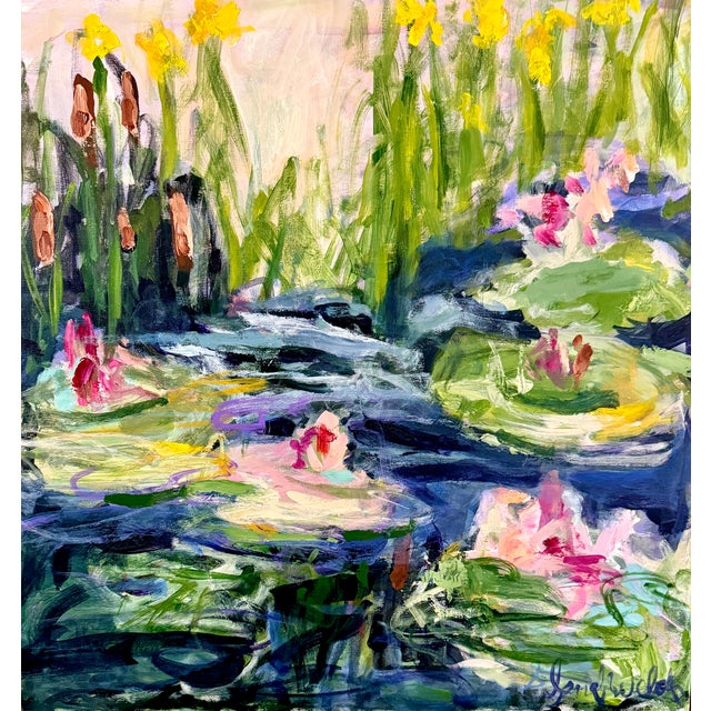 Water Lily's & Yellow Flowers , an Original Acrylic Painting on Canvas That Is So Soothing to Look at ! For Sale
