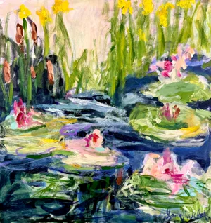 Water Lily's & Yellow Flowers , an Original Acrylic Painting on Canvas That Is So Soothing to Look at !