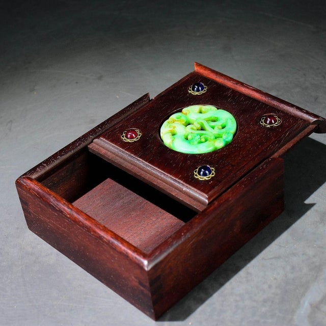 Chinoiserie Vintage Chinese Rosewood Jewelry Box With Jade & Gemstone Inlay – Chinoiserie Decor For Sale - Image 3 of 9
