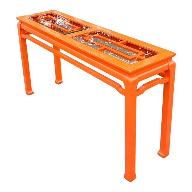 Late 20th Century Vintage Regency Orange Lacquered Fretwork Console Table For Sale