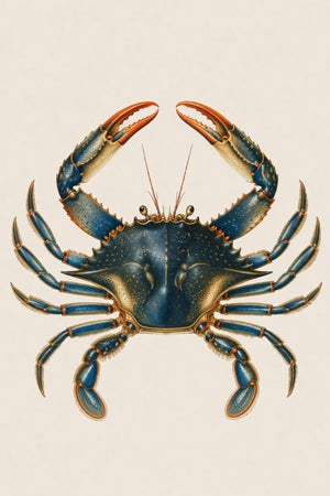 Blue Crab Illustration, Coastal Marine Wall Art Print, 24″ × 36″