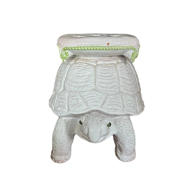 Hollywood Regency Vintage Italian White & Green Glazed Terracotta Turtle Ceramic Garden Stool With Pillow Top, Circa 1960 For Sale - Image 3 of 12