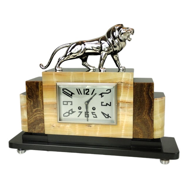 French Art Deco Mantel Clock with Chrome-Plated Bronze Lion, 1930s For Sale