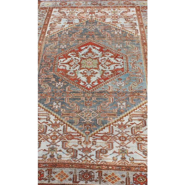 Textile Medallion Design Antique Hand Knotted Persian Malayer Rug in Tones of Blue/Gray, Silver, Red For Sale - Image 7 of 13