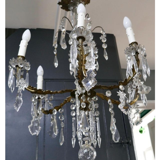 French Crystal 6-Arm Chandelier in Brass, 1920 For Sale - Image 4 of 9