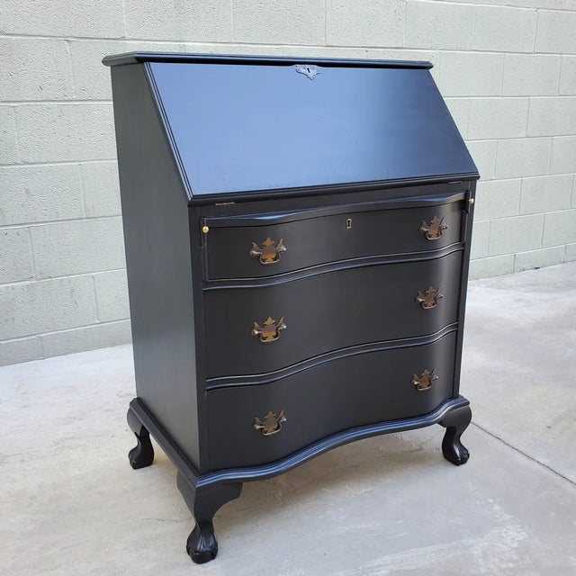 1940s Vintage Secretary Desk Painted Black & Plum For Sale - Image 11 of 12