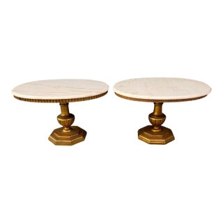 1950s Pair of Neoclassical Style Marble Top Pedestal Side Tables With Giltwood Bases For Sale