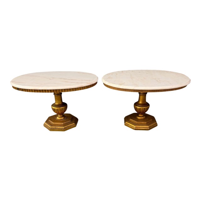 1950s Pair of Neoclassical Style Marble Top Pedestal Side Tables With Giltwood Bases For Sale