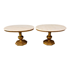 1950s Pair of Neoclassical Style Marble Top Pedestal Side Tables With Giltwood Bases