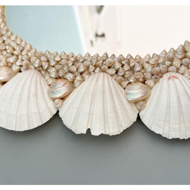 Vintage Coastal Shell Encrusted Wall Mirror – Scallop & Opalescent Sea Shell Frame | Hollywood Regency Coastal Glam For Sale - Image 11 of 13