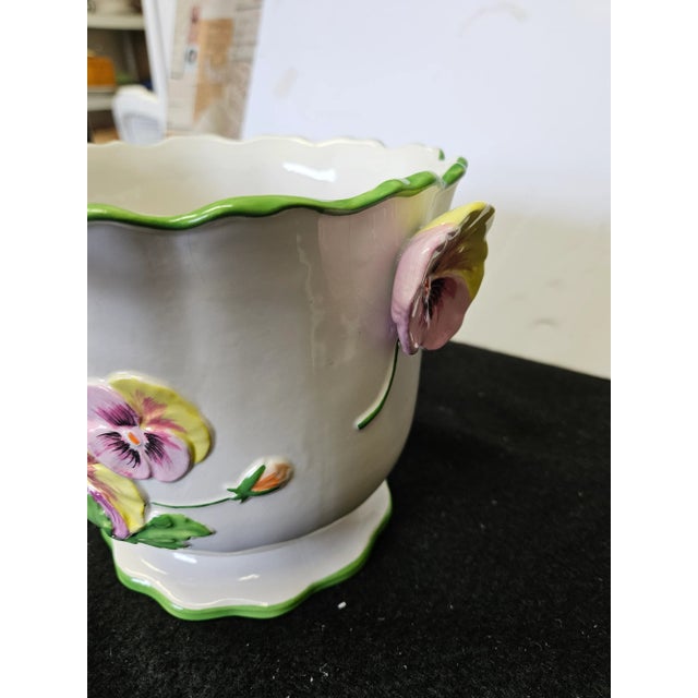Charming Italian Pottery Cachepot decorated with pretty pansy flowers and pansy handles. Scalloped top with green...