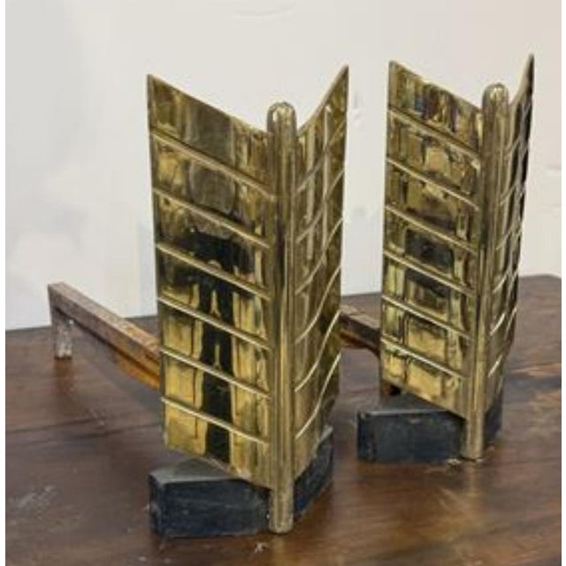 Exceptional Donald Deskey “Arrow Fletching” Brass Andirons for Bennett — Rare Mid-Century Modern Design, circa 1950 A...