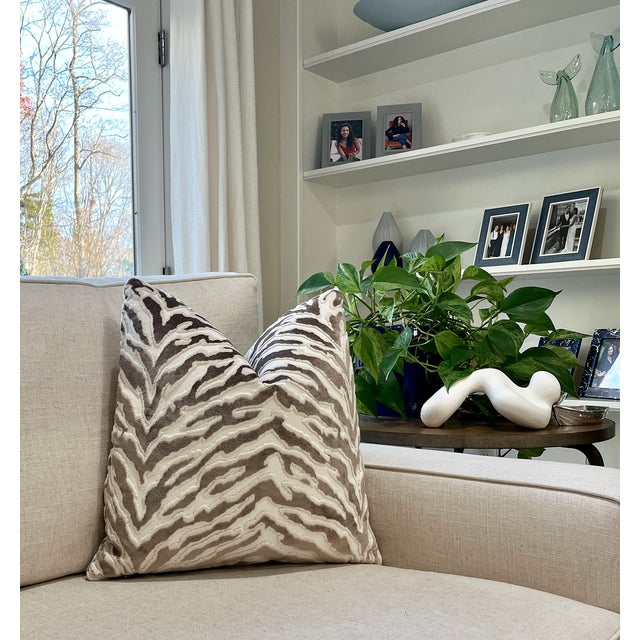 Textile Taupe Cream Zebra 20x20 Velvet Throw Pillow With Feather Down Insert For Sale - Image 7 of 8