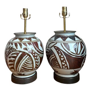 Vintage Hand-Painted Ceramic Lamps - Pair For Sale