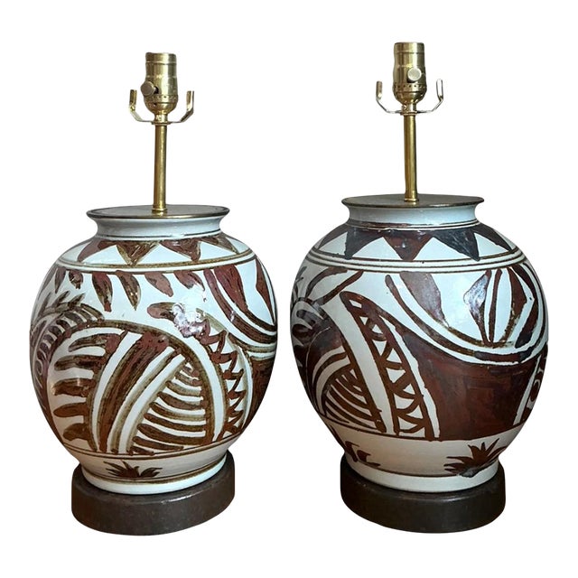 Vintage Hand-Painted Ceramic Lamps - Pair For Sale