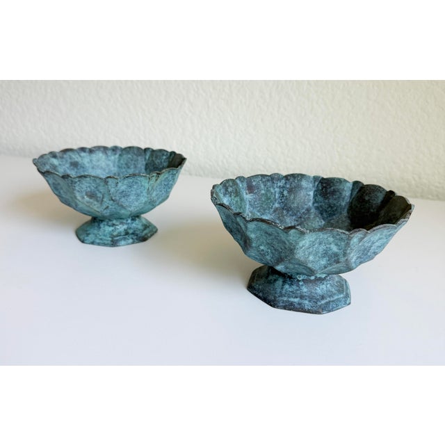 Chinese Vintage Bronze Verdigris Footed Bowls - A Pair For Sale - Image 3 of 13