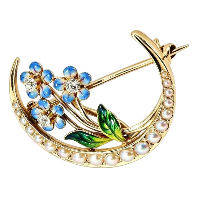 Mid 20th Century 14k Yellow Gold Moon Seed Pearl Enamel Diamond Victorian Estate Brooch Pin For Sale
