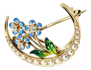 Mid 20th Century 14k Yellow Gold Moon Seed Pearl Enamel Diamond Victorian Estate Brooch Pin