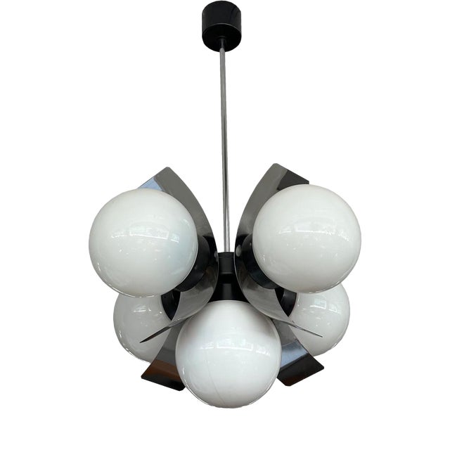 Mid-Century Modern Chrome-Plated and Glass Pendant Lamp, 1970s For Sale