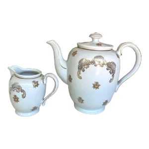 Vintage Mitterteich Bavaria Teapot and Creamer Jar, Gold Floral Scrolls on White with Gold Trim- 2 Pieces