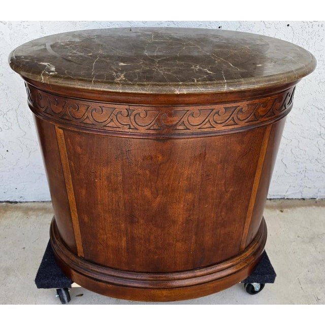 Brown Henredon Style Mahogany & Marble Drum Center Side Bedside Table For Sale - Image 8 of 13