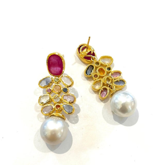 Art Deco Bochic "Capri" Vintage Ruby & Multi Sapphire Earrings Set In 18K Gold & Silver For Sale - Image 3 of 18